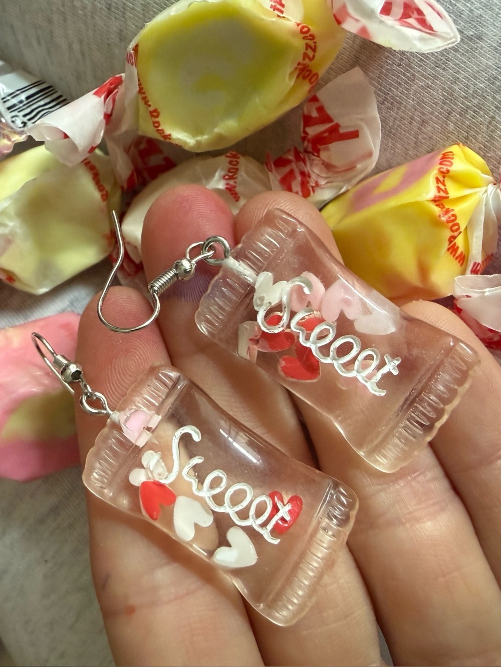 Sweet Resin Candy Earrings - Pink White Red clear and red hearts